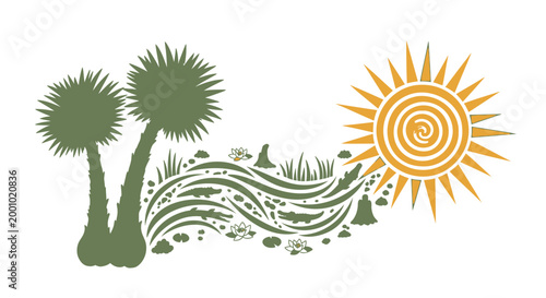 Tropical landscape, palm trees, sunny weather, vector illustration, eco friendly, nature background
