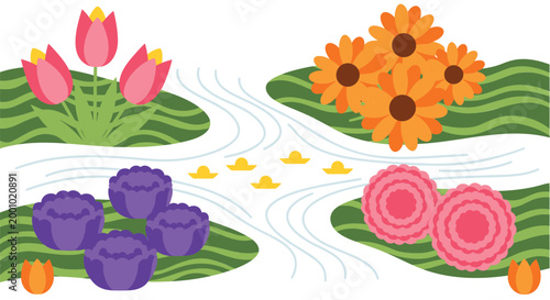 Colorful flowers, blooming tulips, sunflowers, and lilies, vector floral icons