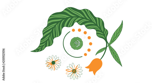 Vibrant, eco-friendly icons, green leaf, orange carrot, flowers, natural elements, vector illustrations
