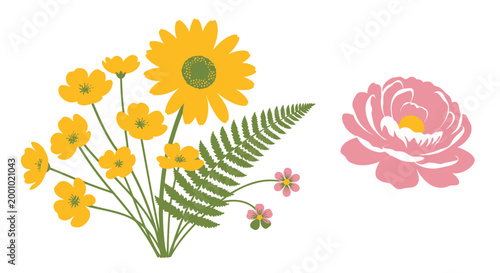 Floral icons, colorful flowers, botanical illustrations, vector graphics