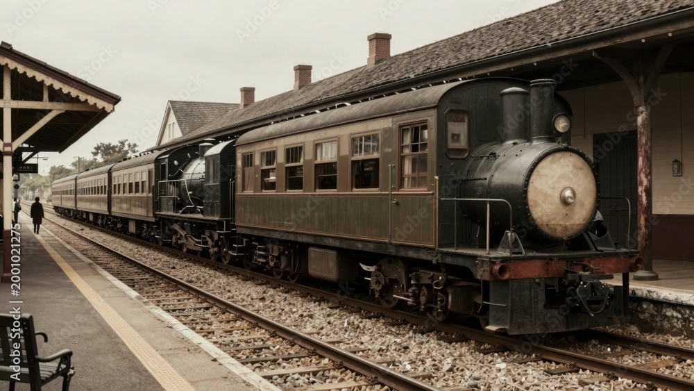 Fototapeta premium Vintage steam train standing at historic station platform