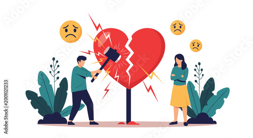 Heartbroken man breaks a giant red heart with a hammer while a sad woman watches during a difficult relationship split.