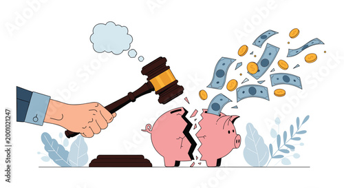 Hand holding legal gavel and breaking pink piggy bank with money and coins flying out into the air after impact.