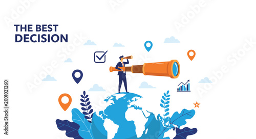 Businessman standing on top of globe looking through large telescope to find the best business decision and path.