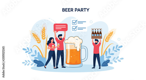 Small group of friends celebrating at a beer party with giant glass of craft beer wheat and checklist symbols.