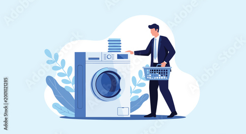 Businessman in suit holding a laundry basket and putting clothes into a modern washing machine in a blue room.