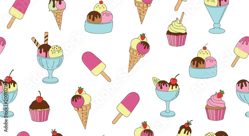 Seamless pattern of various delicious ice cream treats including cones cups cupcakes and popsicles on white.