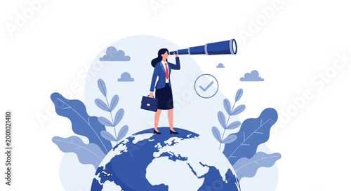 Ambitious businesswoman standing on top of a giant globe and using a long telescope to look for new international opportunities.