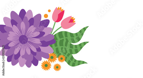 Floral, Purple, Pink, and Orange Flowers, Vector Graphic Illustration, Spring and Summer Decor Elements