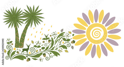 Floral, Palm Tree, Summer, Vector Icons, 2D Illustrations, Green, Yellow, Purple, Garden, Decoration