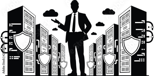 silhouette, businessman, servers, computer servers, shields, security shields, clouds, data protection, cybersecurity, i Silhouette of businessman standing amidst computer servers with shields, clouds