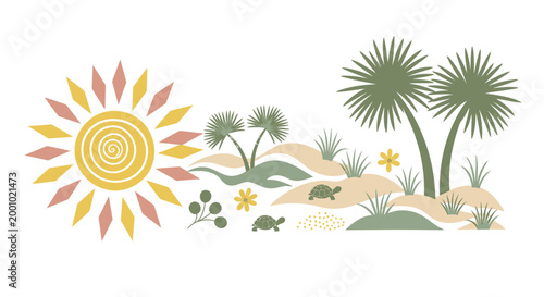 Desert landscape, sunny, vector illustration, desert plants, sand dunes