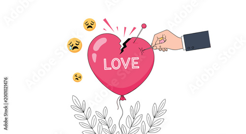 Large red heart balloon with the word love being popped by pins from a hand while sad crying emojis float in the background.