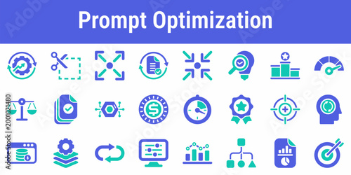 Commercial icon set for rewriting trimming ranking and balancing prompt quality cost and speed Suitable for AI product tuning analytics dashboards and workflow optimization tools