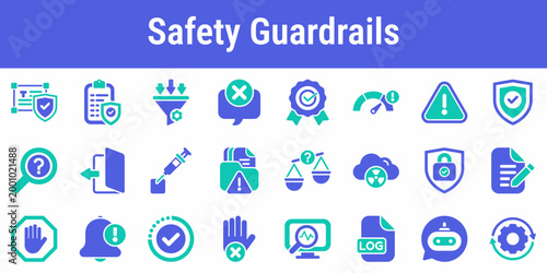 Focused icon set for prompt filtering policy enforcement injection defense and response review Suitable for AI safety dashboards moderation systems enterprise assistants and admin tools