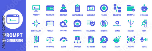 Commercial icon set for AI prompting workflows structured instructions testing and agent interactions Suitable for SaaS dashboards automation tools interfaces education and developer products