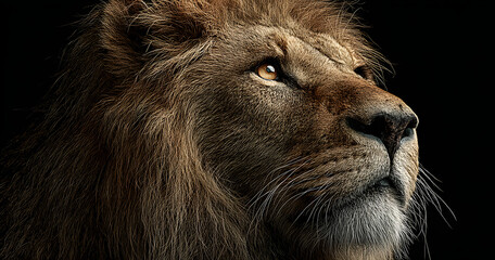A stylized photo banner featuring a portrait of an African lion isolated on a black background with a dramatic king of animals proudly dreaming of Panthera Leo and looking forward.