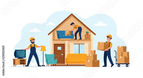 Professional moving company workers in yellow uniforms loading furniture and boxes into a house during a residential relocation.