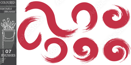 Abstract red Ink Brush Strokes Set with Circular Zen Spirals and Artistic Swirl Textures on White