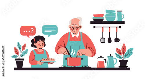 Senior man and a young girl preparing food together in a modern kitchen with colorful utensils and plants on the counter.