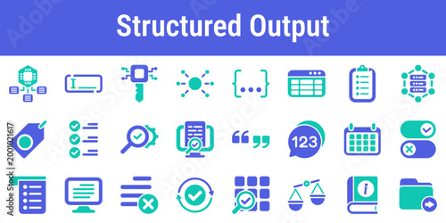 Commercial icon set for schemas fields validation parsing and export formatting Suitable for AI form builders structured responses data products automation tools and developer dashboards