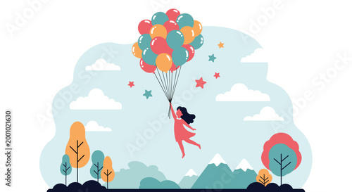 Little girl in a pink dress floating high in the sky while holding a giant bunch of colorful balloons over a mountain landscape.