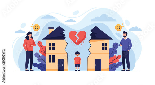 Child standing alone between two halves of a cracked house with a broken heart above and angry parents standing on opposite sides.