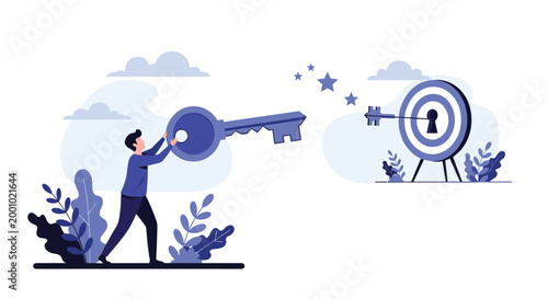 Determined businessman carrying a large blue key towards a target with a keyhole to unlock success and achieve a specific goal.