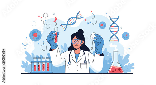 Female scientist in a white lab coat and safety goggles working with chemical test tubes and DNA strands in a modern laboratory.