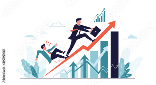 Businessman running up a rising red arrow on a bar graph while another businessman falls behind in a competitive market.