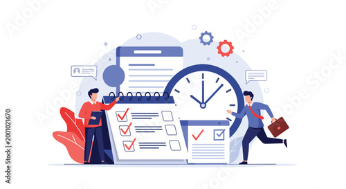 Two businessmen managing tasks around a giant calendar and clock with checklists for project planning and effective time management.