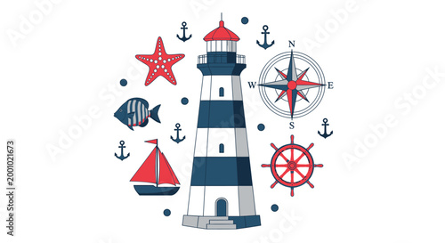 Nautical icons, lighthouse symbols, maritime signs, vector graphics