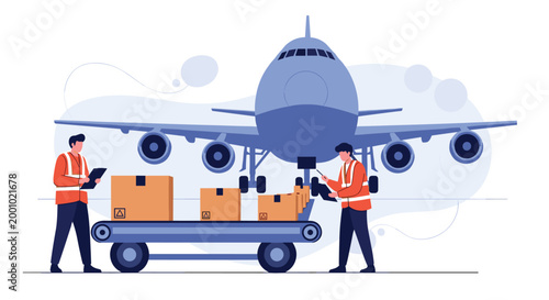 Ground crew in orange vests and hard hats managing cargo boxes on a conveyor belt in front of a large airplane at an airport.