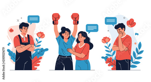 Three panels showing emotional support scenes including a sad man, two women embracing with boxing gloves, and a distressed man.