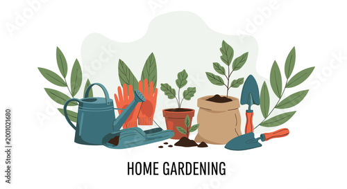 Collection of home gardening tools including a watering can, gloves, trowels, and pots with plants arranged on a clean white background.