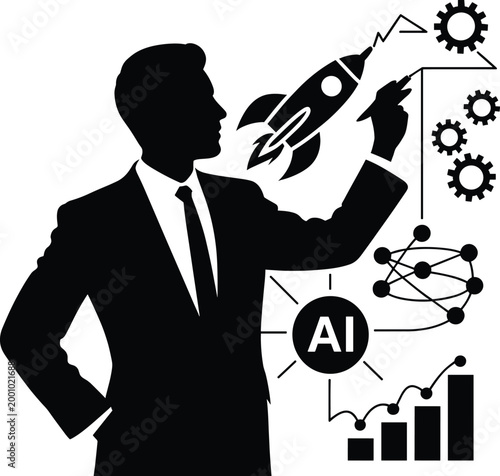 businessman, suit, tie, rocket, ai, artificial intelligence, gears, growth charts, graphs, molecular structure, silhouette, black and white, busi Businessman launching rocket with ai and growth charts