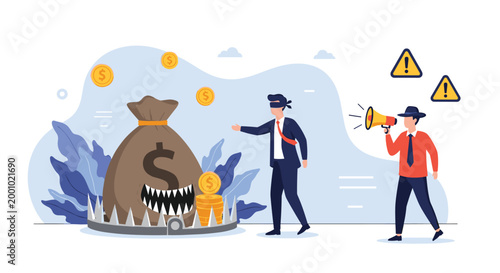 Businessman blindfolded walking towards a dangerous money trap while a colleague warns him through a megaphone.