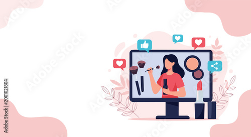 Beauty blogger recording a makeup tutorial video for social media on a computer screen with likes and heart icons.