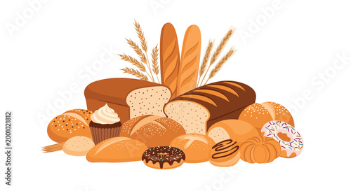 Assortment of fresh bakery products like bread loaves, baguettes, donuts, cupcakes, and rolls arranged in a pile.