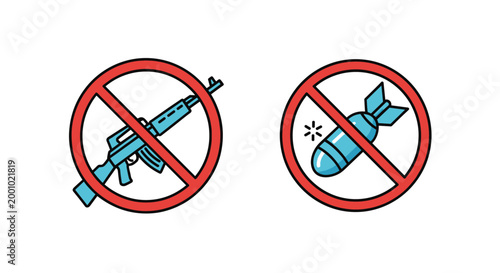 Set of prohibited signs showing a crossed out assault rifle and a bomb to represent peace and anti war activism.