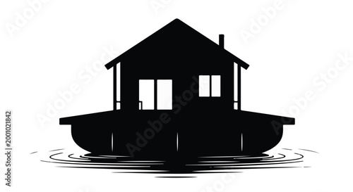 Black silhouette house on water houseboat floating on rippling waves isolated on white background peaceful serene scene
