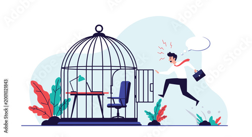 Frustrated businessman jumping out of a giant bird cage office desk to represent freedom from a boring job or burnout.