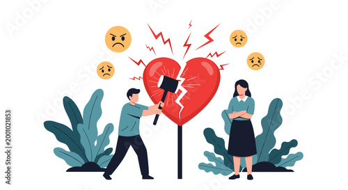 Angry man breaking a large red heart with a hammer while a woman looks on with sadness representing heartbreak.