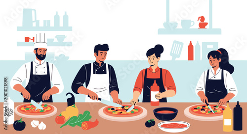 Diverse group of professional chefs wearing aprons and hats preparing fresh pizzas in a commercial restaurant kitchen.