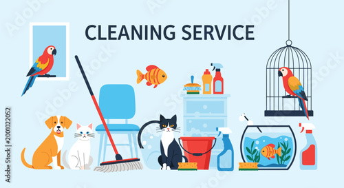 Professional cleaning service illustration shows various household supplies alongside happy domestic pets and tools.
