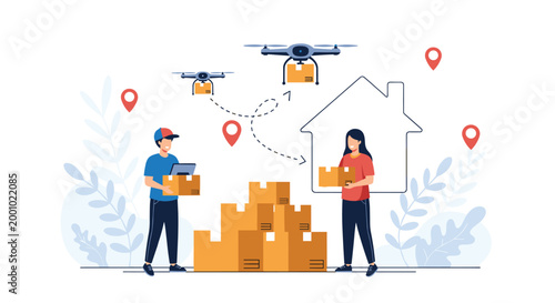 Modern logistics team uses advanced flying drones and manual labor to deliver packages to a residential home.