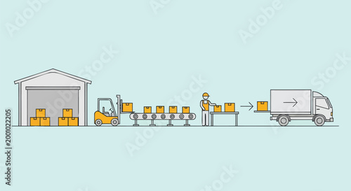 Streamlined Logistics and Supply Chain Warehouse Operations, Automated Conveyor Belt System, and Efficient Package Delivery Process