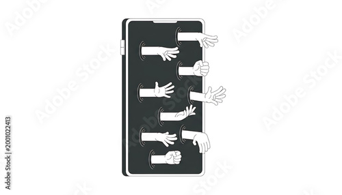 Smartphone with various hands emerging from the screen with gestures featuring interactive, technology, communication with illustration and vector
