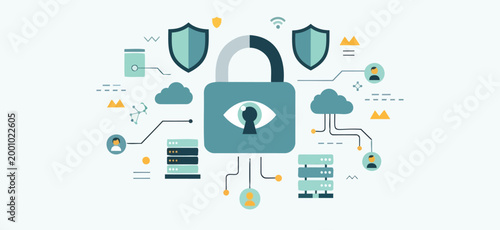 Comprehensive digital data security and online privacy concept with secure network connections, a central padlock, and data protection shields illustration
