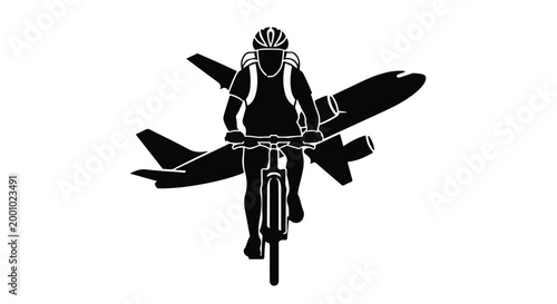 Cyclist riding bicycle with airplane wings flying in sky, freedom adventure travel concept, active lifestyle outdoors